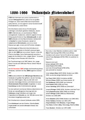 Niederabsdorf Geschichte VS 1886-1986 Dokument: Text mit Foto über die Geschichte der VS Niederabsdorf